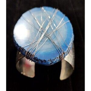 Vintage Silver Tone Geode Slice Cuff Bracelet Blue Agate Bohemian Western Witchy